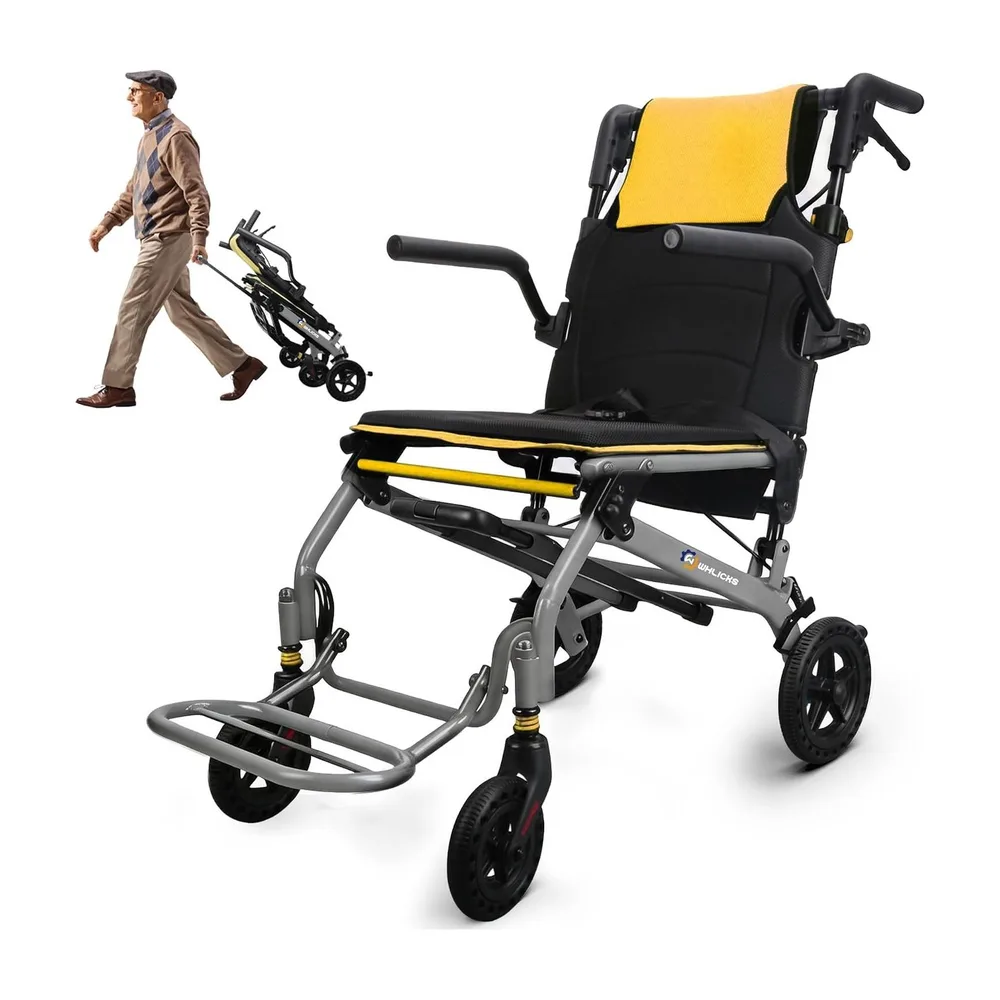 WHLICKS A02 Folding Transport Wheelchair — Yellow