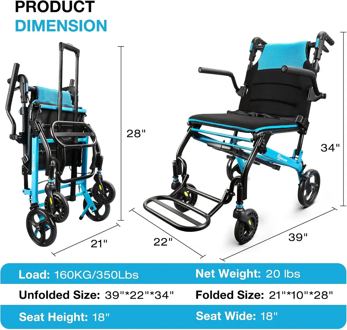 WHLICKS A03 Folding Transport Wheelchair — 18-inch seat configuration image 6