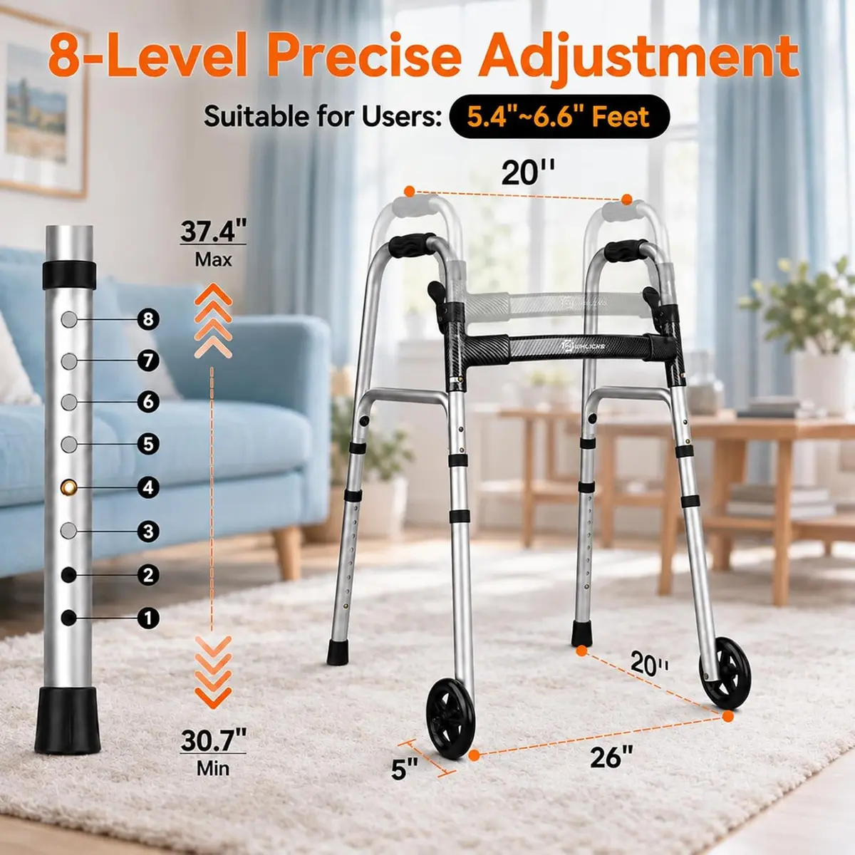 WHLICKS SW40 Folding Walker with Ski Glides — Black patterned strap image 3