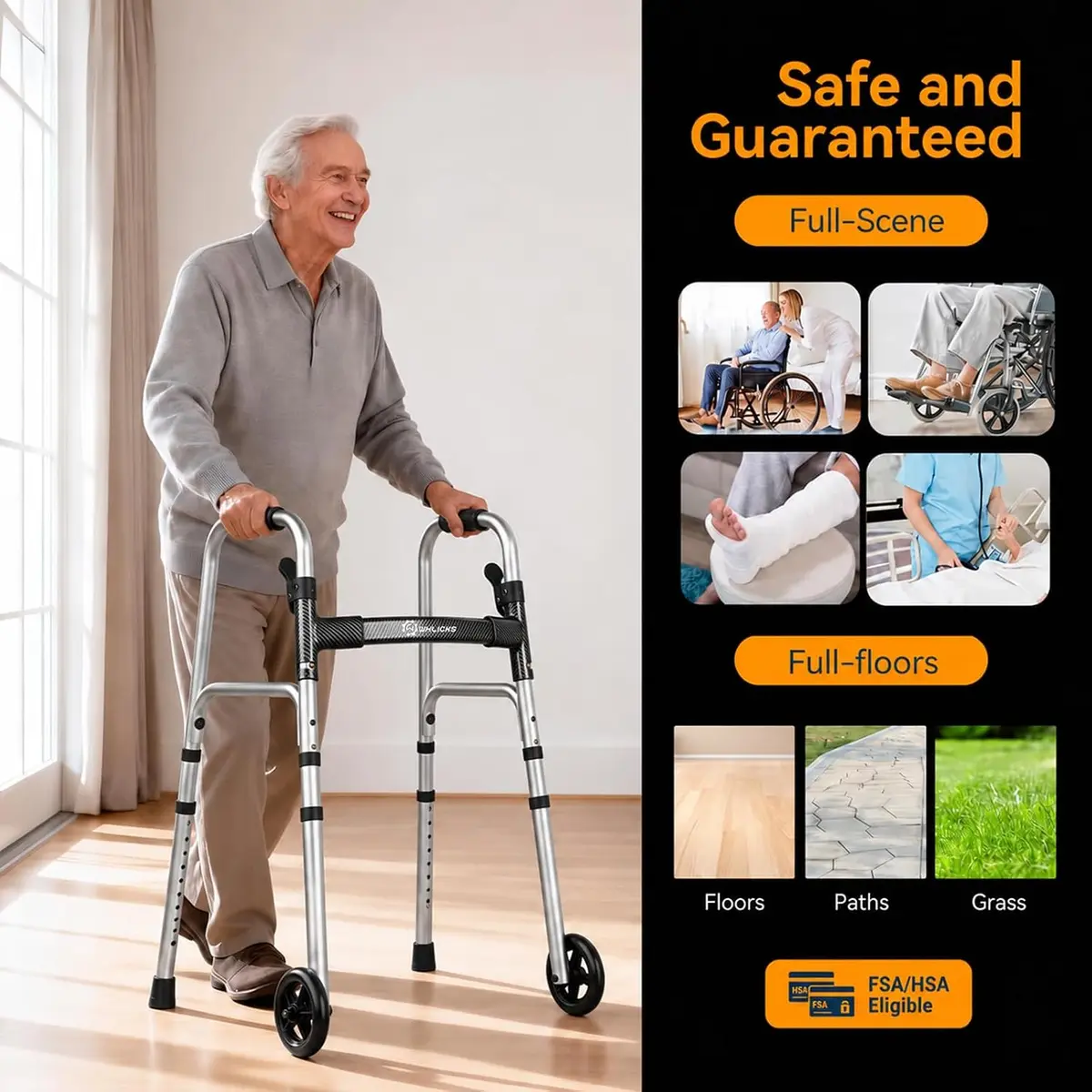 WHLICKS SW40 Folding Walker with Ski Glides — Black patterned strap image 6