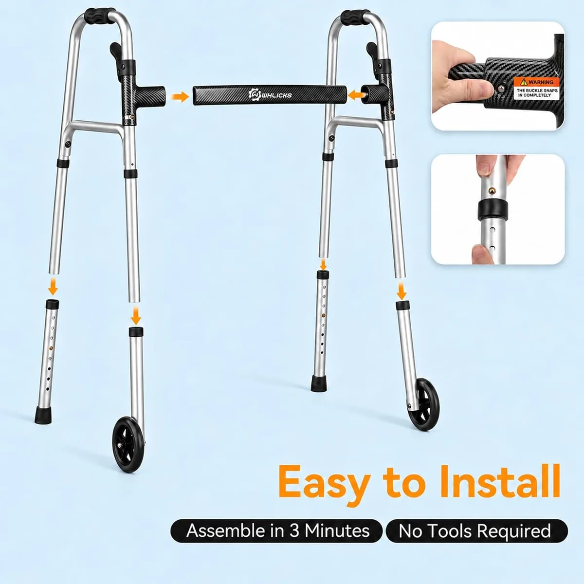 WHLICKS SW40 Folding Walker with Ski Glides — Black patterned strap image 7