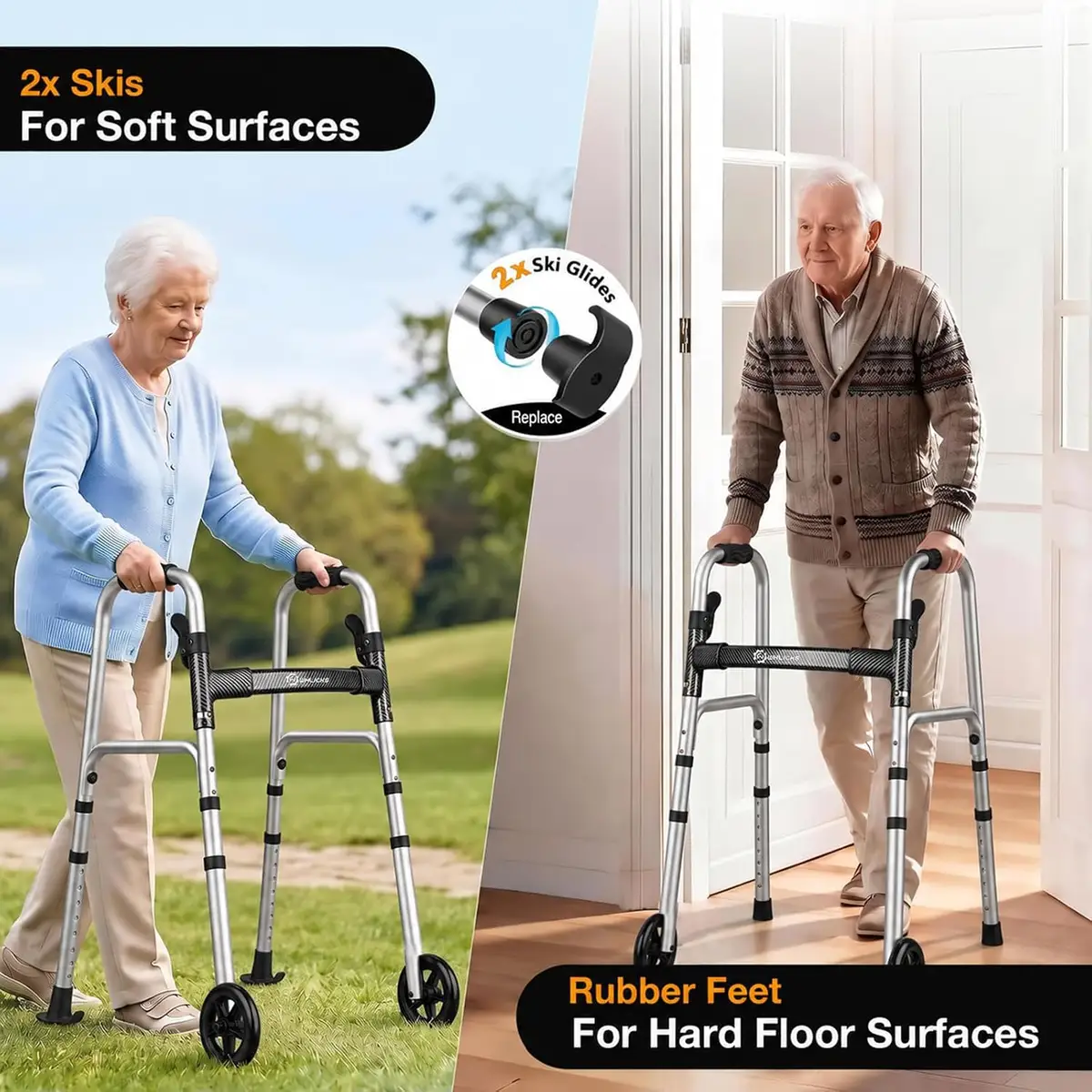 WHLICKS SW40 Folding Walker with Ski Glides — Black patterned strap image 8