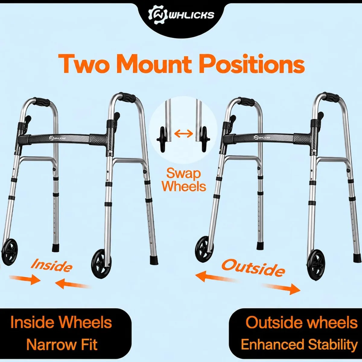 WHLICKS SW40 Folding Walker with Ski Glides — Black patterned strap image 9