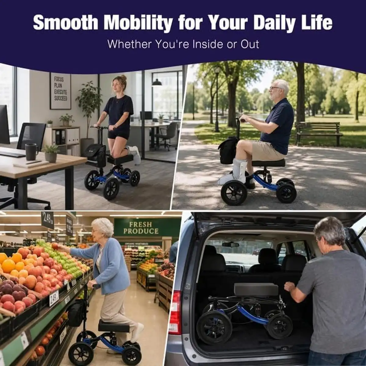 WHLICKS Quad All-Terrain Knee Scooter — Dark Blue image 5
