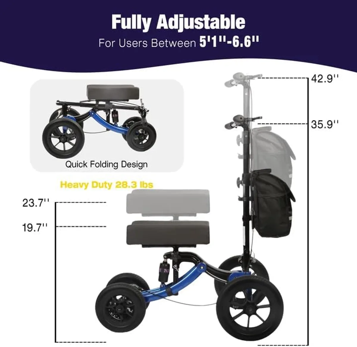WHLICKS KS04 All-Terrain Knee Scooter — Dark Blue image 3